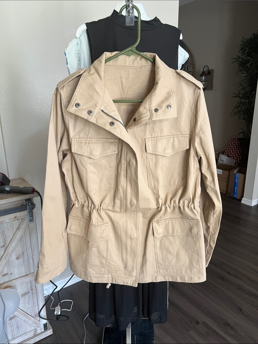 Amazon Women's Beige Utility Jacket with Drawstring Waist